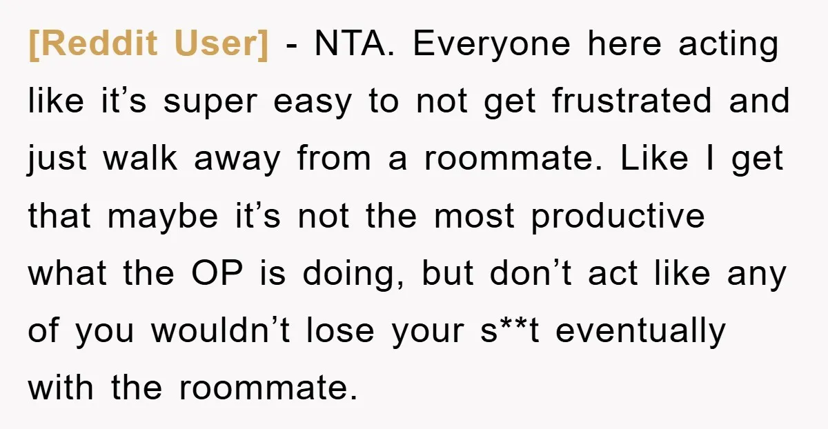 [Reddit User] − NTA. Everyone here acting like it’s super easy to not get frustrated and just walk away from a roommate. Like I get that maybe it’s not the...