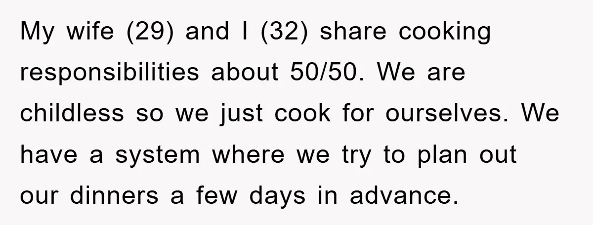 My wife (29) and I (32) share cooking responsibilities about 50/50. We are childless so we just cook for ourselves. We have a system where we try to plan out...