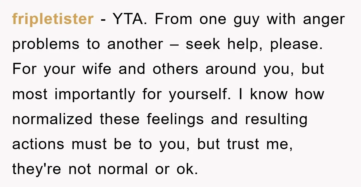 fripletister − YTA. From one guy with anger problems to another – seek help, please. For your wife and others around you, but most importantly for yourself. I know how...