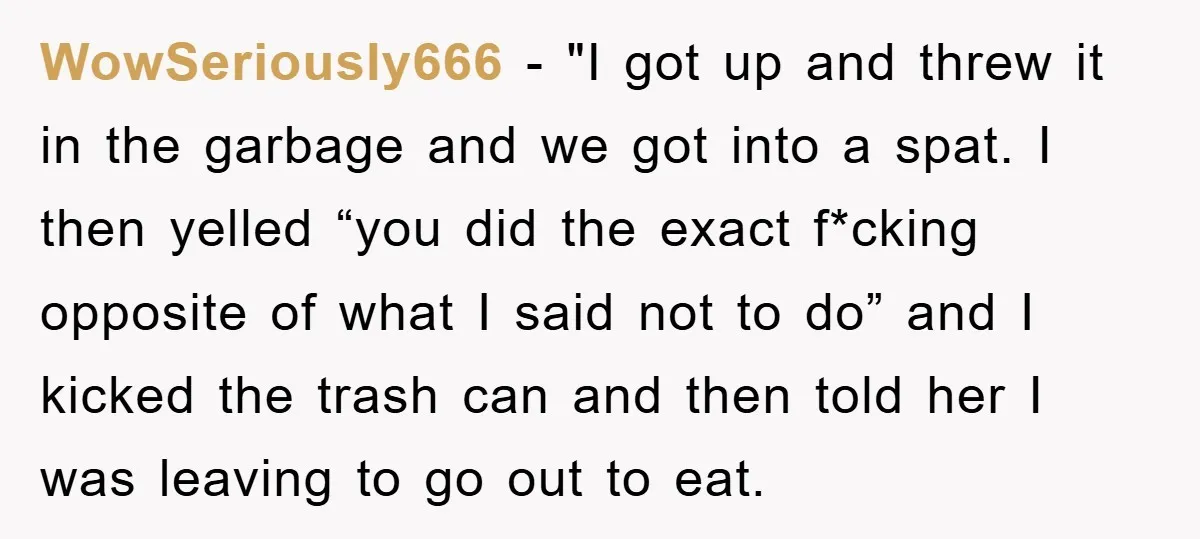 WowSeriously666 − "I got up and threw it in the garbage and we got into a spat. I then yelled “you did the exact f*cking opposite of what I said...