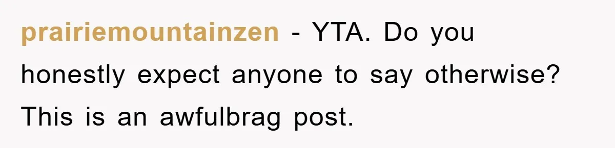 prairiemountainzen − YTA. Do you honestly expect anyone to say otherwise? This is an awfulbrag post.