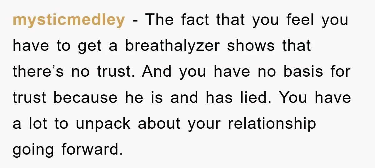 mysticmedley − The fact that you feel you have to get a breathalyzer shows that there’s no trust. And you have no basis for trust because he is and has...