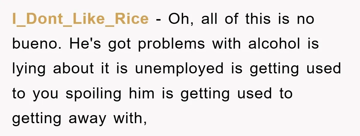I_Dont_Like_Rice − Oh, all of this is no bueno. He's got problems with alcohol is lying about it is unemployed is getting used to you spoiling him is getting used...
