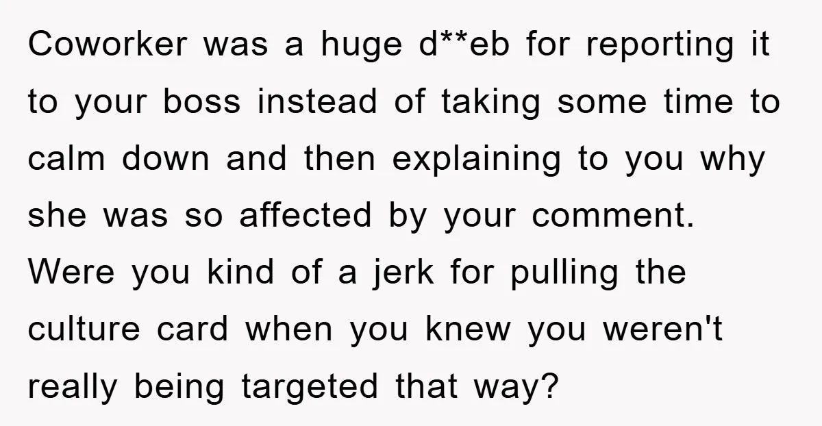 Coworker was a huge d**eb for reporting it to your boss instead of taking some time to calm down and then explaining to you why she was so affected by...