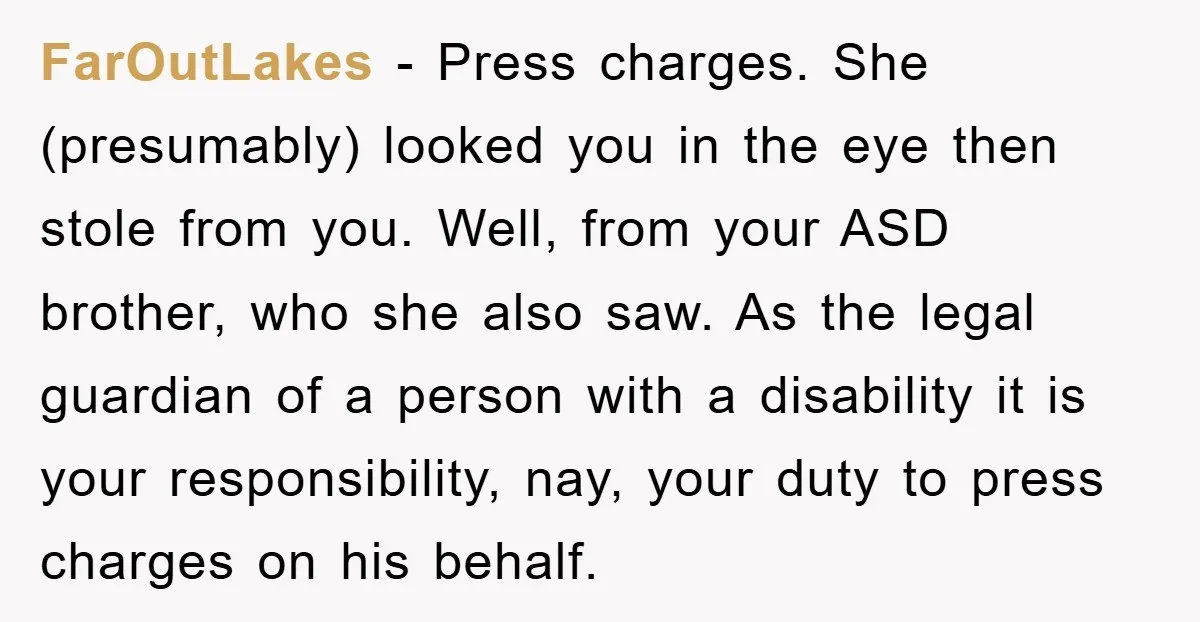 FarOutLakes − Press charges. She (presumably) looked you in the eye then stole from you. Well, from your ASD brother, who she also saw. As the legal guardian of a...