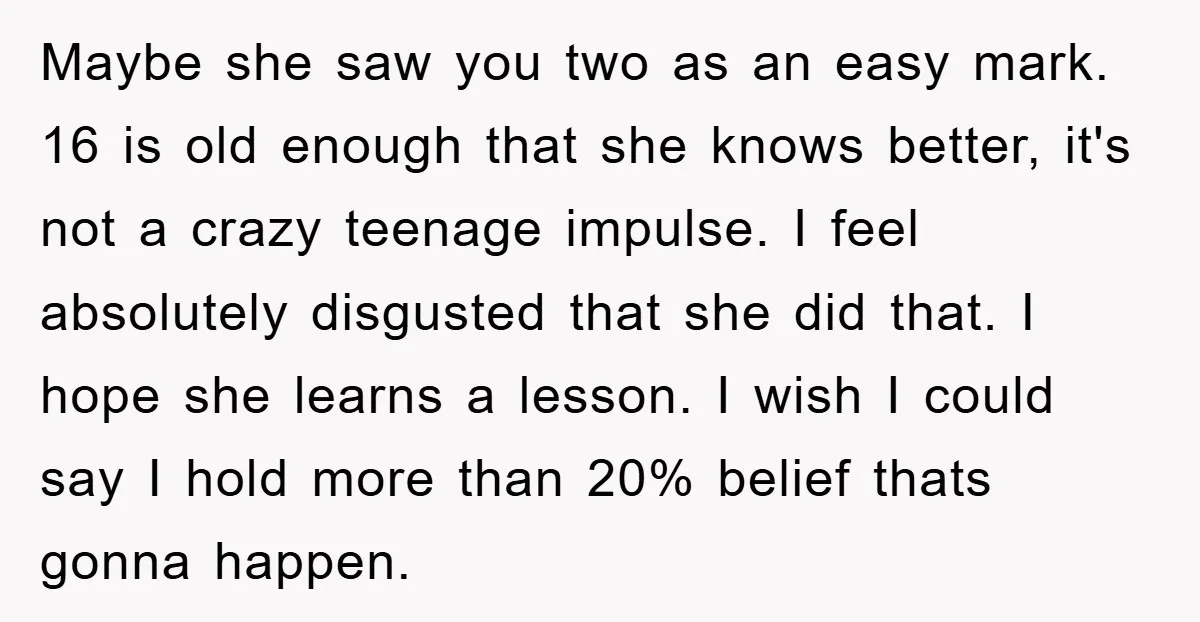 Maybe she saw you two as an easy mark. 16 is old enough that she knows better, it's not a crazy teenage impulse. I feel absolutely disgusted that she did...
