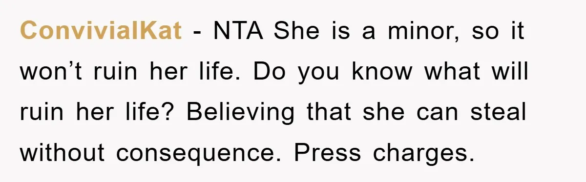 ConvivialKat − NTA She is a minor, so it won’t ruin her life. Do you know what will ruin her life? Believing that she can steal without consequence. Press charges.