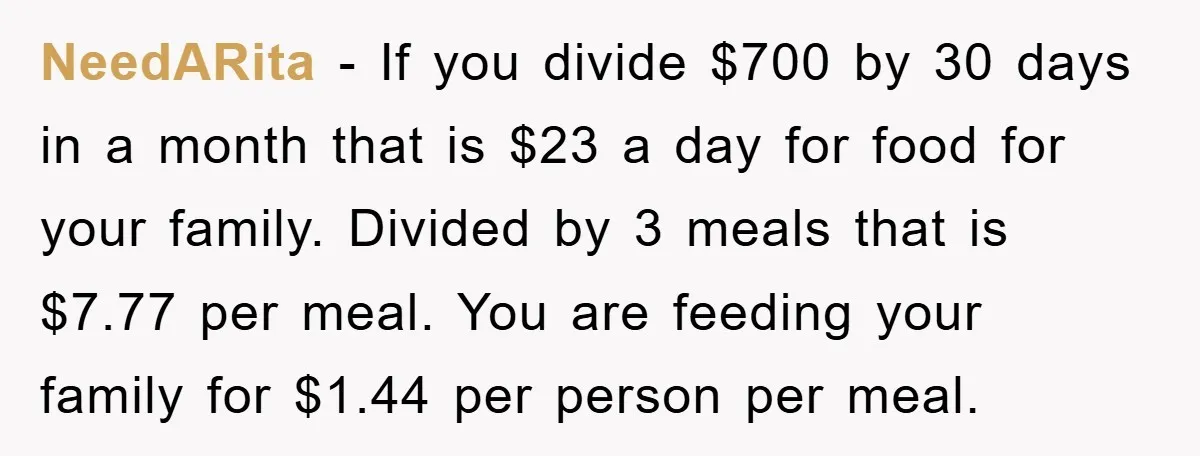 NeedARita − If you divide $700 by 30 days in a month that is $23 a day for food for your family. Divided by 3 meals that is $7.77 per...