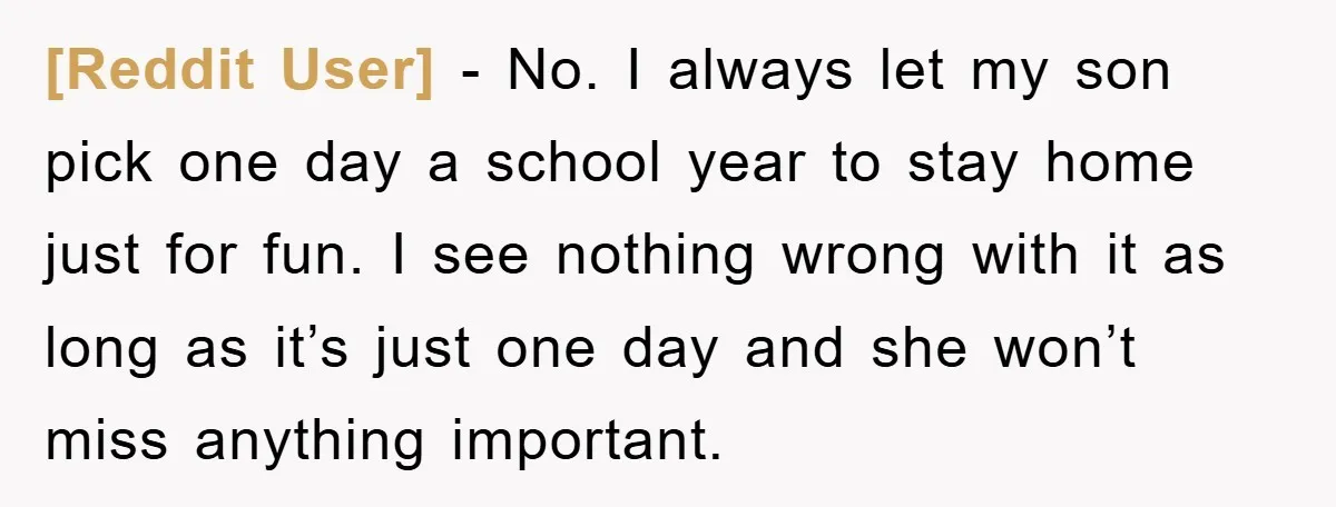 [Reddit User] − No. I always let my son pick one day a school year to stay home just for fun. I see nothing wrong with it as long as...
