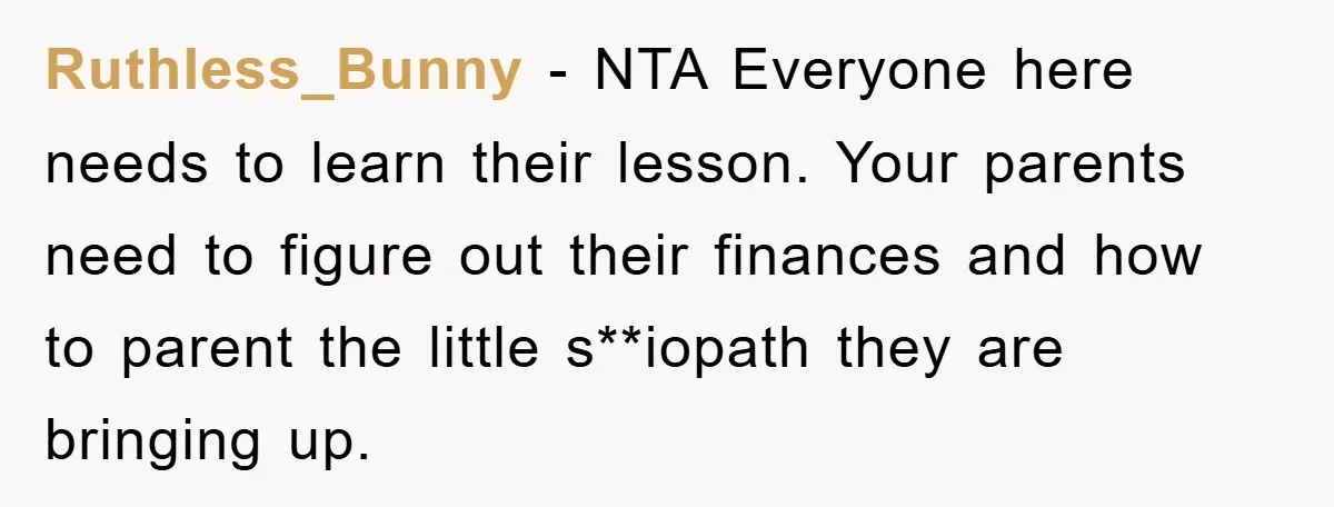 Ruthless_Bunny − NTA Everyone here needs to learn their lesson. Your parents need to figure out their finances and how to parent the little s**iopath they are bringing up.