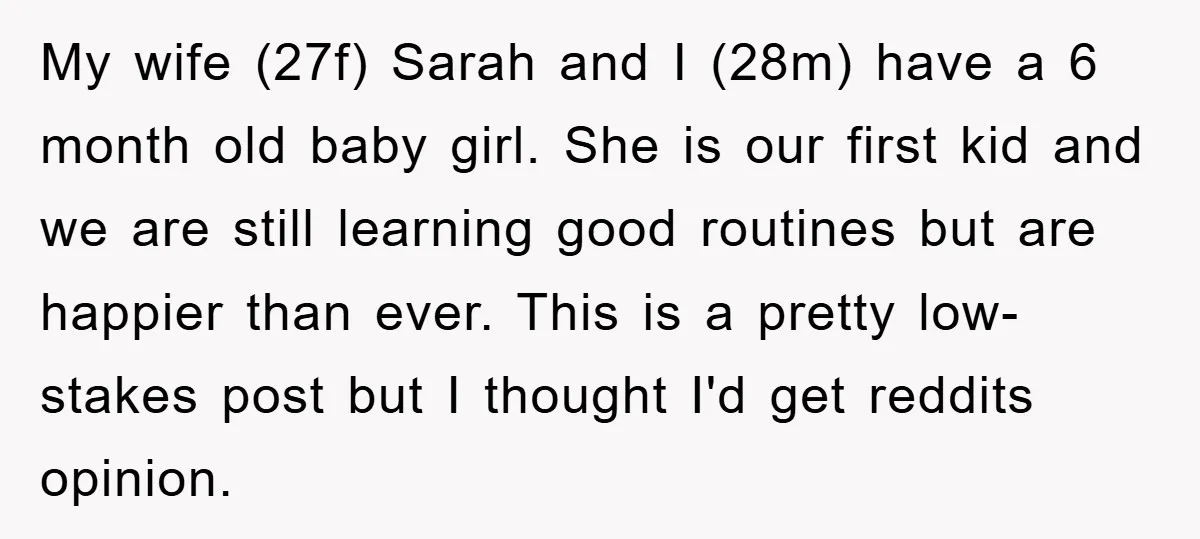 My wife (27f) Sarah and I (28m) have a 6 month old baby girl. She is our first kid and we are still learning good routines but are happier than...