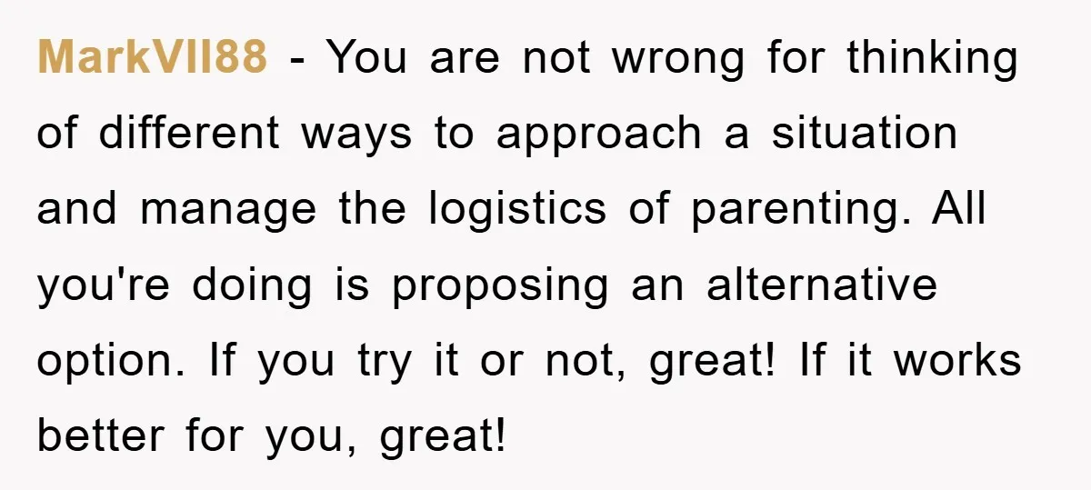 MarkVII88 − You are not wrong for thinking of different ways to approach a situation and manage the logistics of parenting. All you're doing is proposing an alternative option. If...