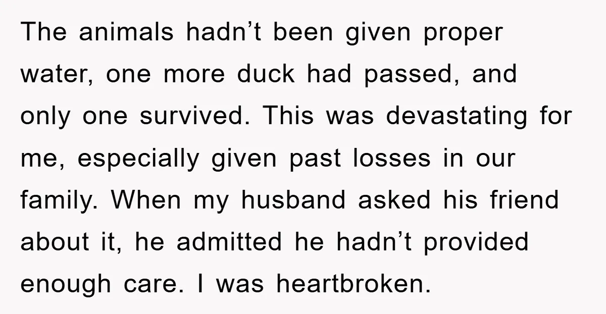 The animals hadn’t been given proper water, one more duck had passed, and only one survived. This was devastating for me, especially given past losses in our family. When my...