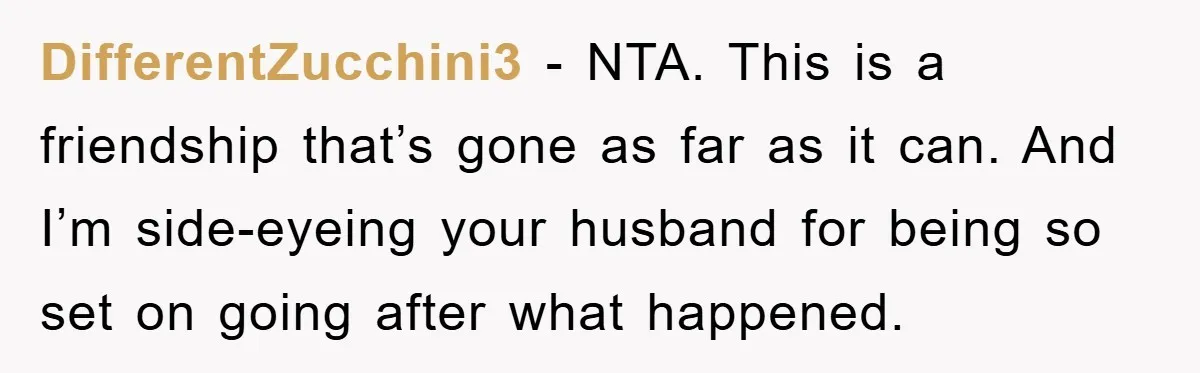 DifferentZucchini3 − NTA. This is a friendship that’s gone as far as it can. And I’m side-eyeing your husband for being so set on going after what happened.