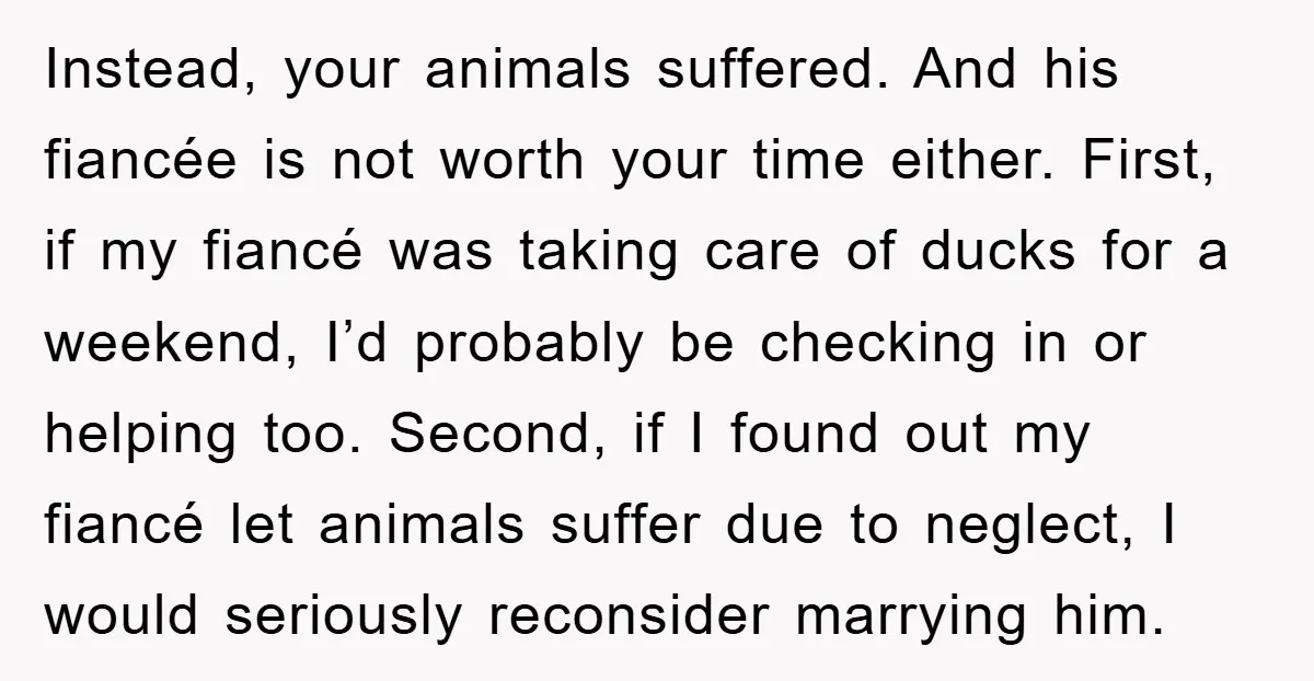 Instead, your animals suffered. And his fiancée is not worth your time either. First, if my fiancé was taking care of ducks for a weekend, I’d probably be checking in...
