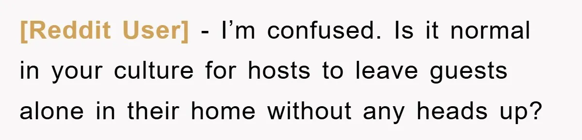 [Reddit User] − I’m confused. Is it normal in your culture for hosts to leave guests alone in their home without any heads up?