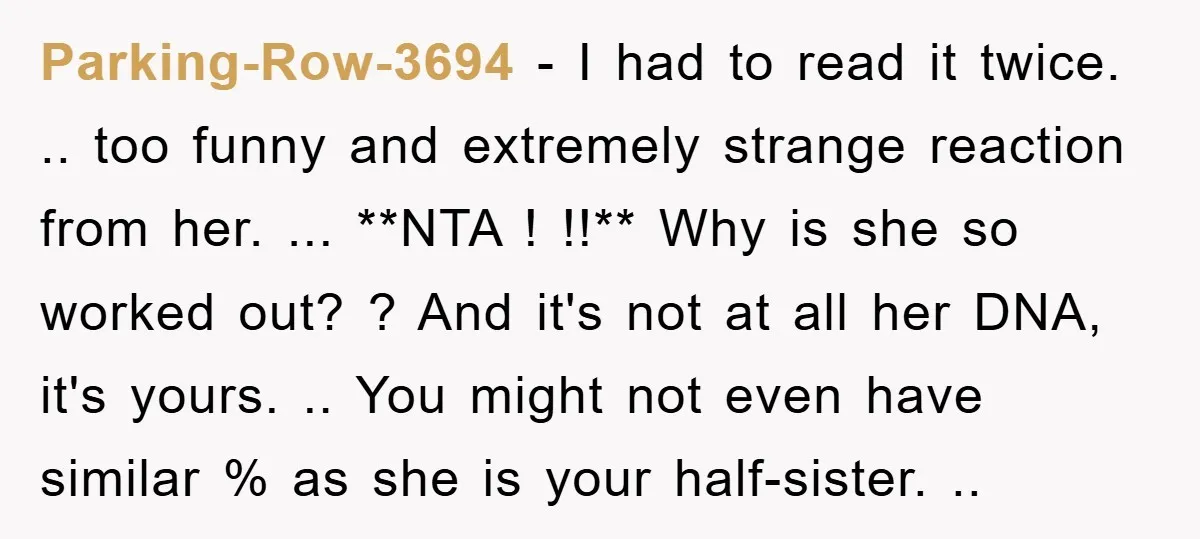 Parking-Row-3694 − I had to read it twice. .. too funny and extremely strange reaction from her. ... **NTA ! !!** Why is she so worked out? ? And it's...