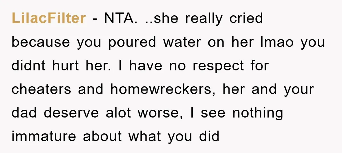LilacFilter − NTA. ..she really cried because you poured water on her lmao you didnt hurt her. I have no respect for cheaters and homewreckers, her and your dad deserve...
