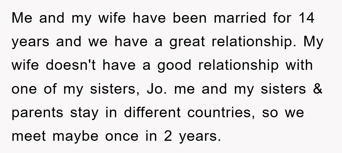 Me and my wife have been married for 14 years and we have a great relationship. My wife doesn't have a good relationship with one of my sisters, Jo. me...
