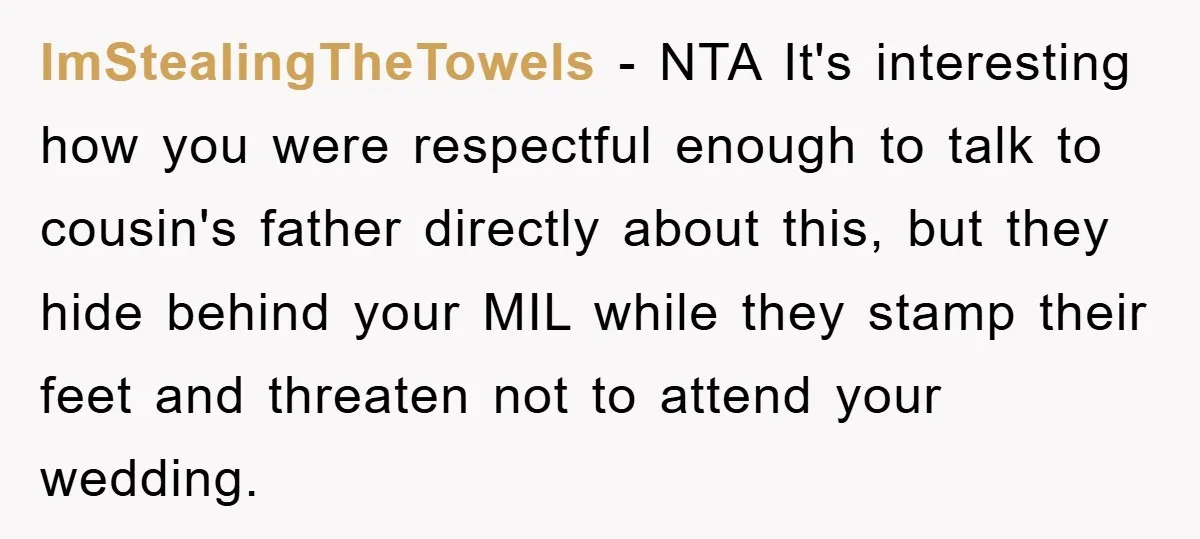 ImStealingTheTowels − NTA It's interesting how you were respectful enough to talk to cousin's father directly about this, but they hide behind your MIL while they stamp their feet and...