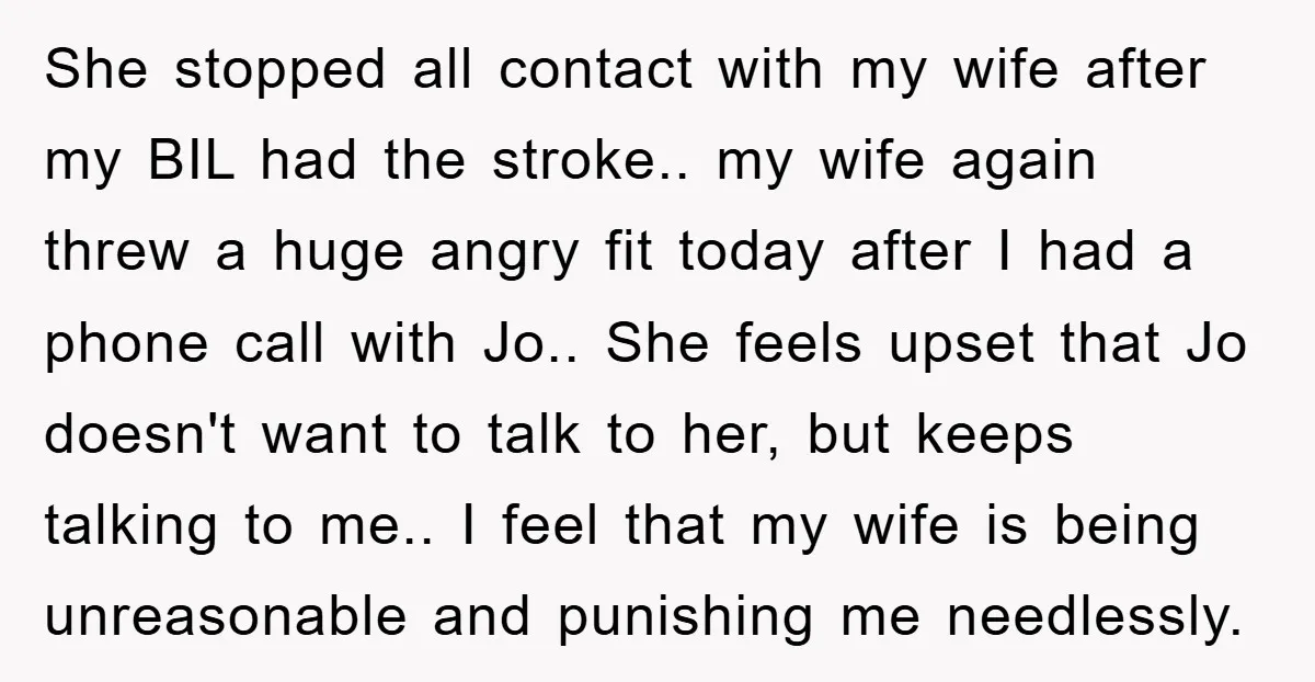 She stopped all contact with my wife after my BIL had the stroke.. my wife again threw a huge angry fit today after I had a phone call with Jo.....
