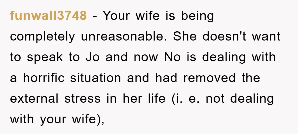 funwall3748 − Your wife is being completely unreasonable. She doesn't want to speak to Jo and now No is dealing with a horrific situation and had removed the external stress...