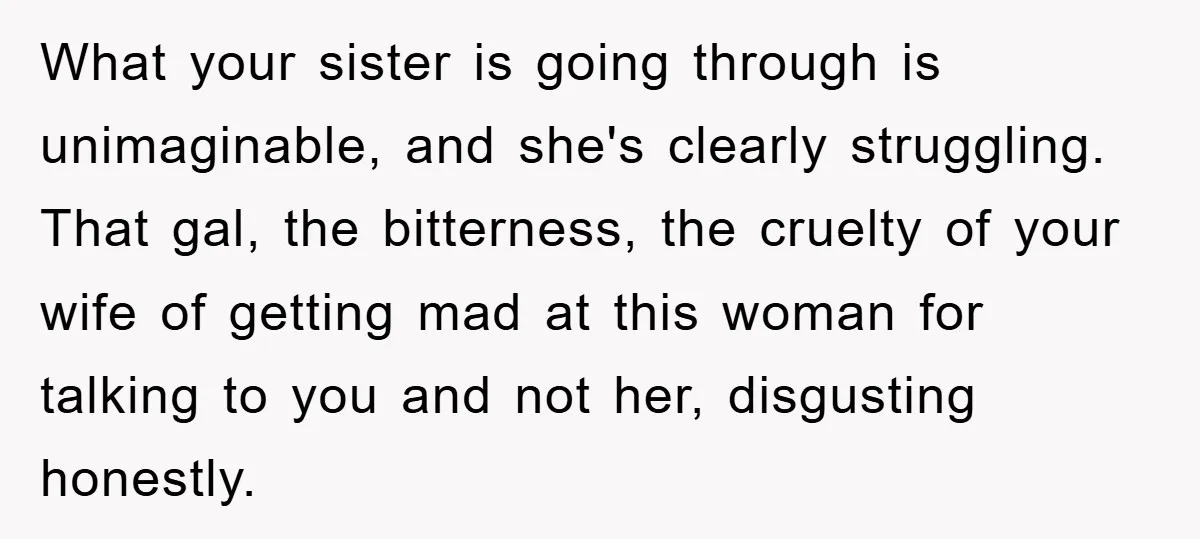 What your sister is going through is unimaginable, and she's clearly struggling. That gal, the bitterness, the cruelty of your wife of getting mad at this woman for talking to...