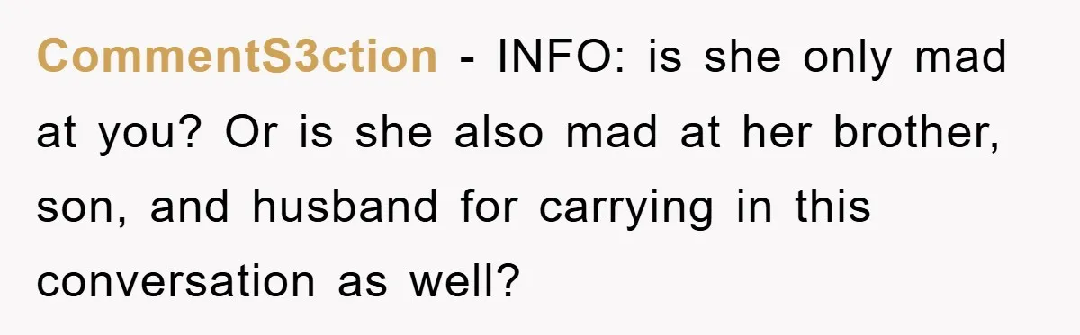 CommentS3ction − INFO: is she only mad at you? Or is she also mad at her brother, son, and husband for carrying in this conversation as well?