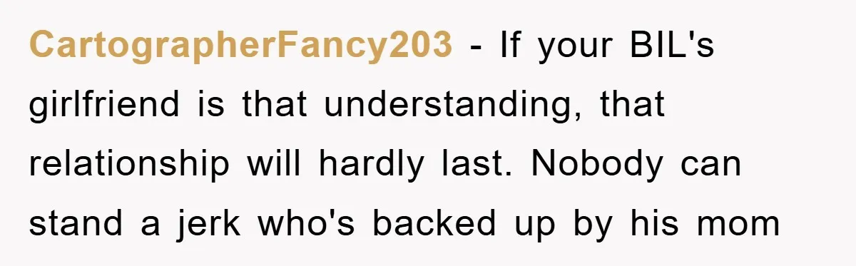 CartographerFancy203 − If your BIL's girlfriend is that understanding, that relationship will hardly last. Nobody can stand a jerk who's backed up by his mom
