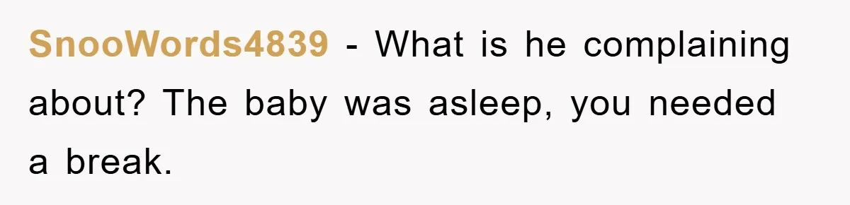 SnooWords4839 − What is he complaining about? The baby was asleep, you needed a break.