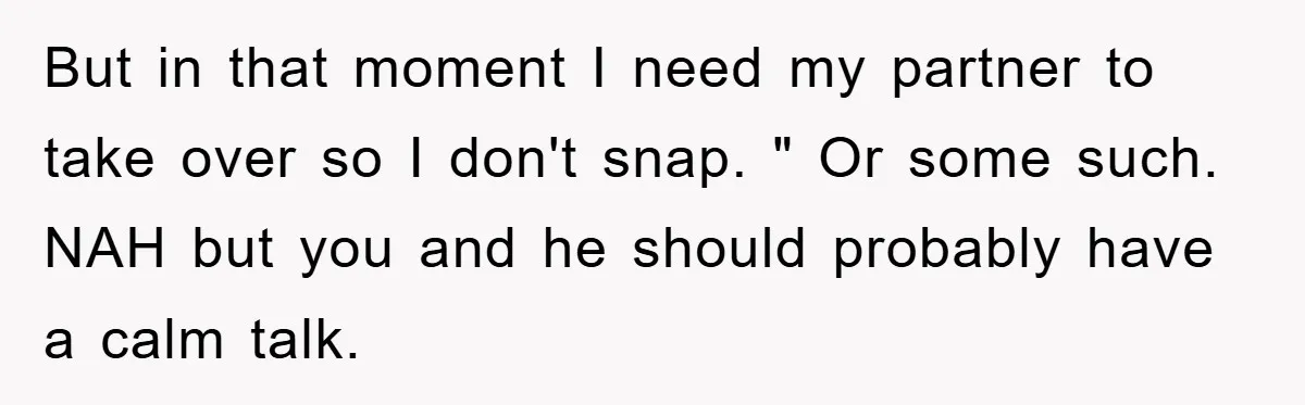 But in that moment I need my partner to take over so I don't snap. " Or some such. NAH but you and he should probably have a calm talk.