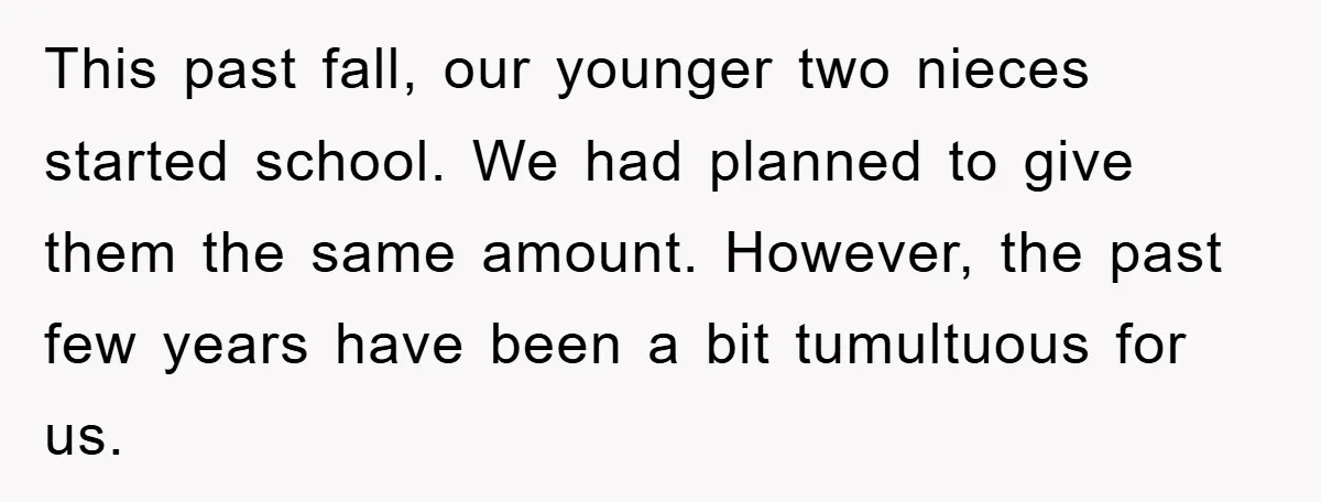This past fall, our younger two nieces started school. We had planned to give them the same amount. However, the past few years have been a bit tumultuous for us.