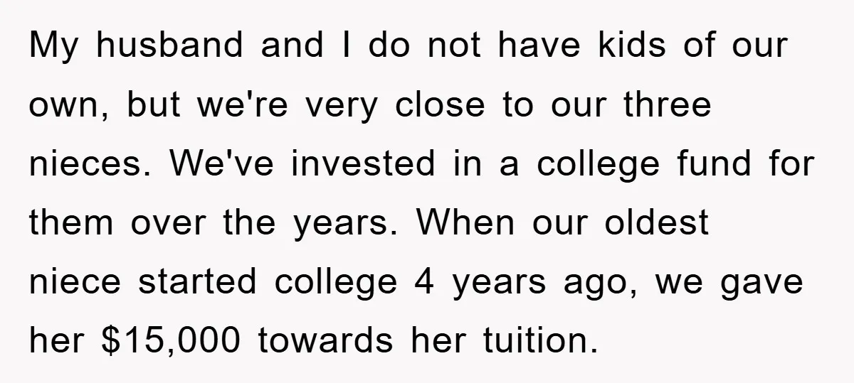 My husband and I do not have kids of our own, but we're very close to our three nieces. We've invested in a college fund for them over the years....