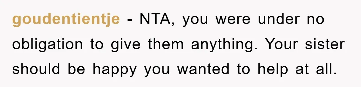 goudentientje − NTA, you were under no obligation to give them anything. Your sister should be happy you wanted to help at all.