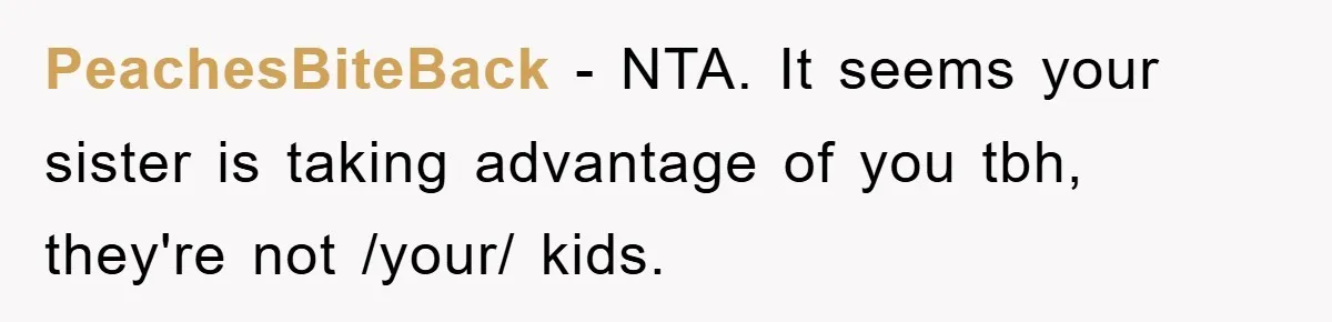 PeachesBiteBack − NTA. It seems your sister is taking advantage of you tbh, they're not /your/ kids.