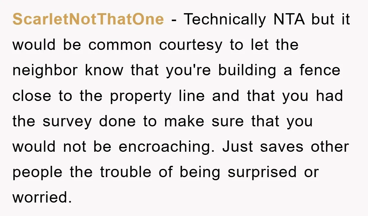ScarletNotThatOne − Technically NTA but it would be common courtesy to let the neighbor know that you're building a fence close to the property line and that you had the...