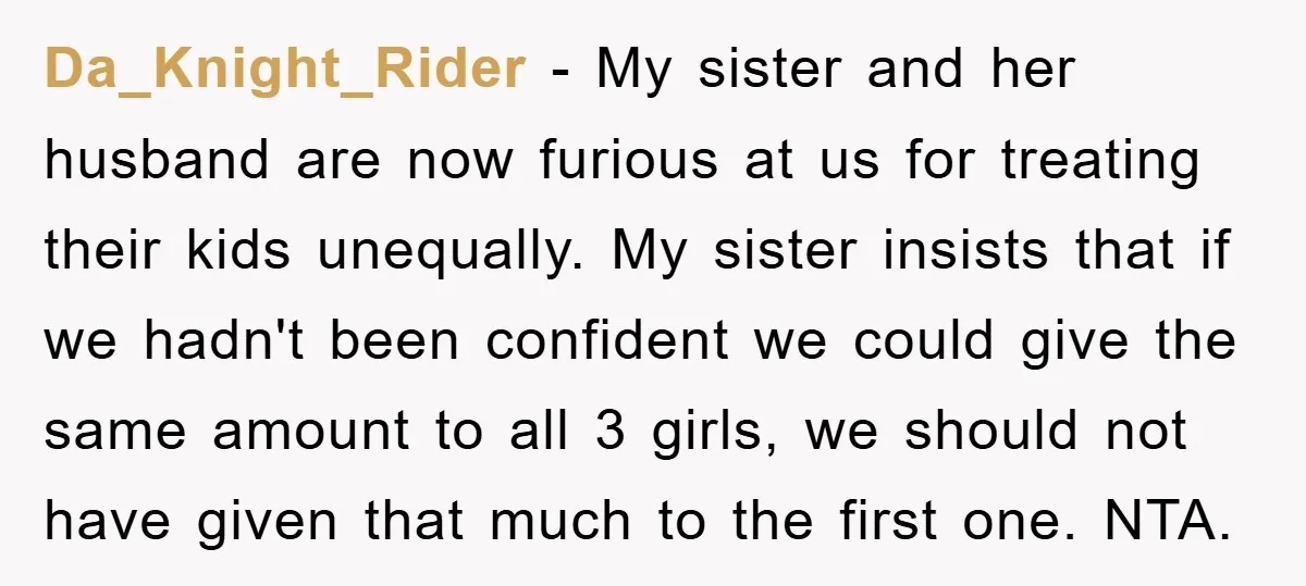 Da_Knight_Rider − My sister and her husband are now furious at us for treating their kids unequally. My sister insists that if we hadn't been confident we could give the...