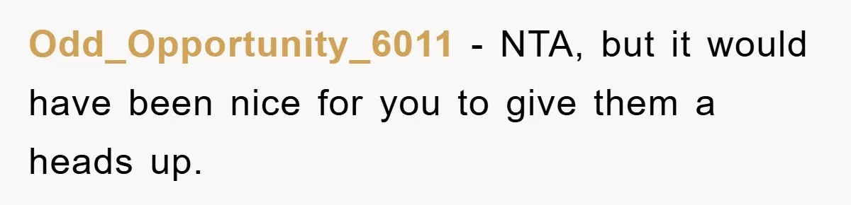 Odd_Opportunity_6011 − NTA, but it would have been nice for you to give them a heads up.
