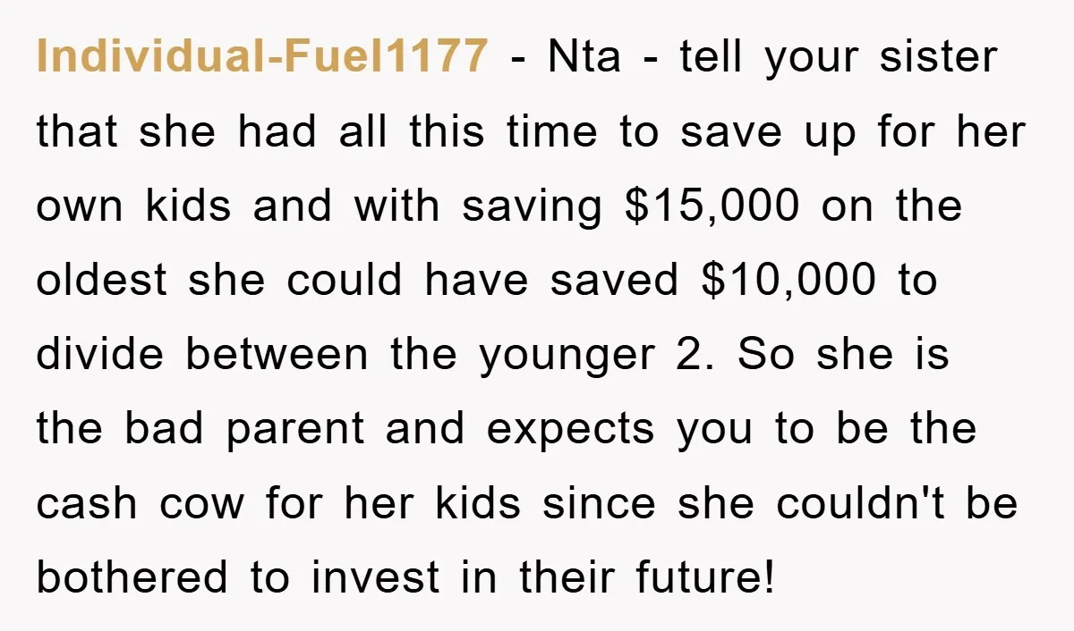 Individual-Fuel1177 − Nta - tell your sister that she had all this time to save up for her own kids and with saving $15,000 on the oldest she could have...