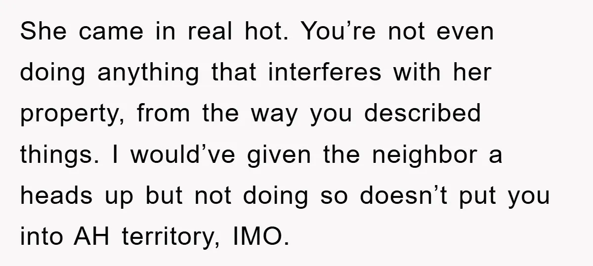 She came in real hot. You’re not even doing anything that interferes with her property, from the way you described things. I would’ve given the neighbor a heads up but...