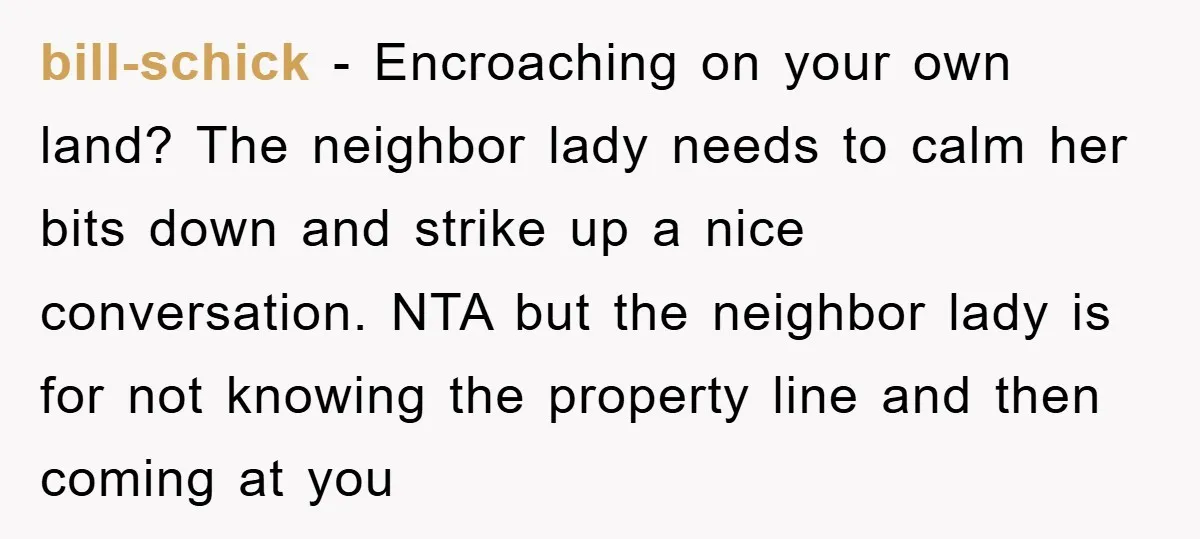 bill-schick − Encroaching on your own land? The neighbor lady needs to calm her bits down and strike up a nice conversation. NTA but the neighbor lady is for not...