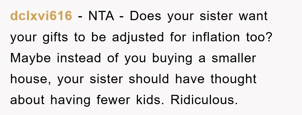 dclxvi616 − NTA - Does your sister want your gifts to be adjusted for inflation too? Maybe instead of you buying a smaller house, your sister should have thought about...