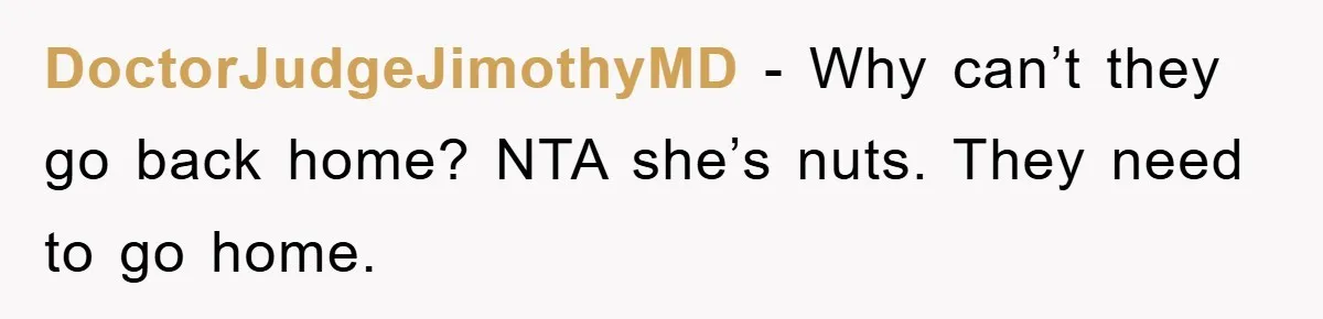 DoctorJudgeJimothyMD − Why can’t they go back home? NTA she’s nuts. They need to go home.