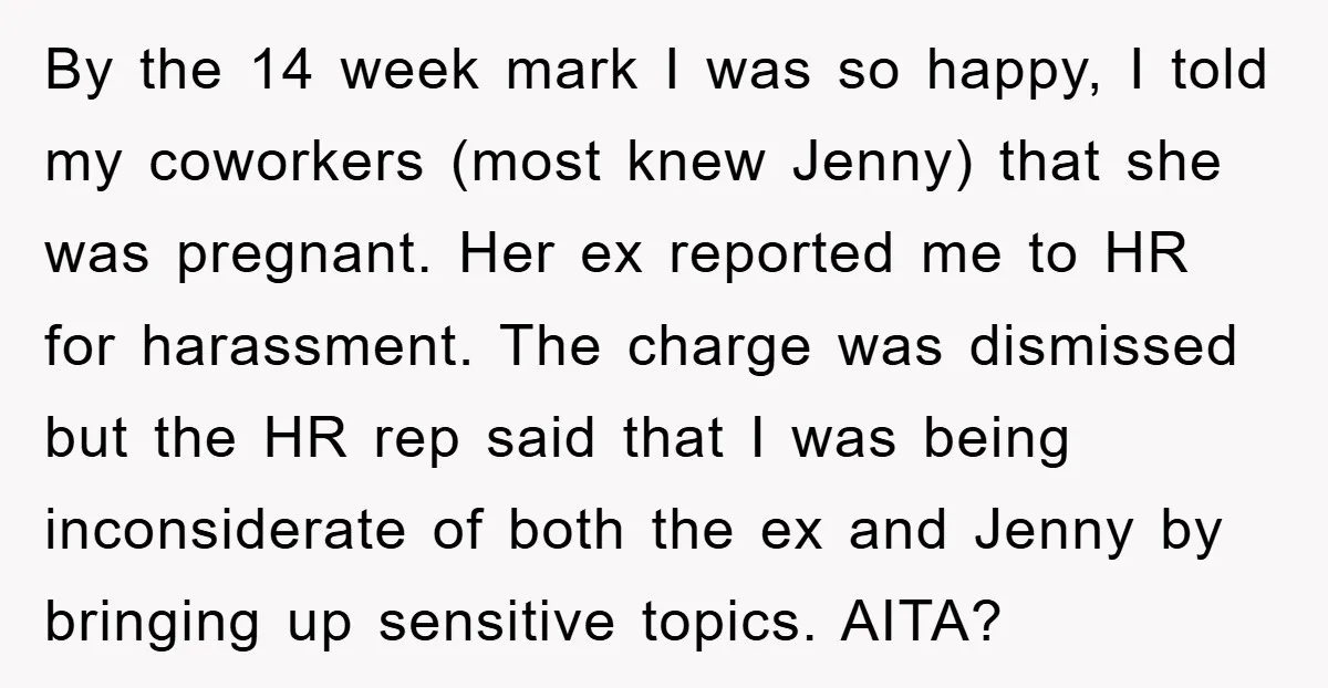 By the 14 week mark I was so happy, I told my coworkers (most knew Jenny) that she was pregnant. Her ex reported me to HR for harassment. The charge...