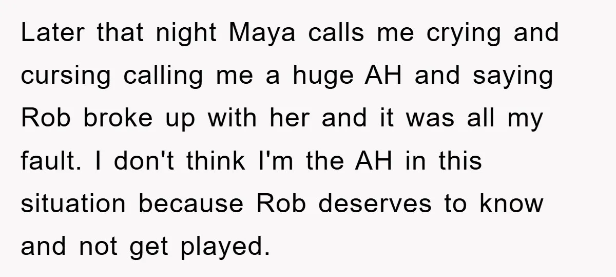 Later that night Maya calls me crying and cursing calling me a huge AH and saying Rob broke up with her and it was all my fault. I don't think...