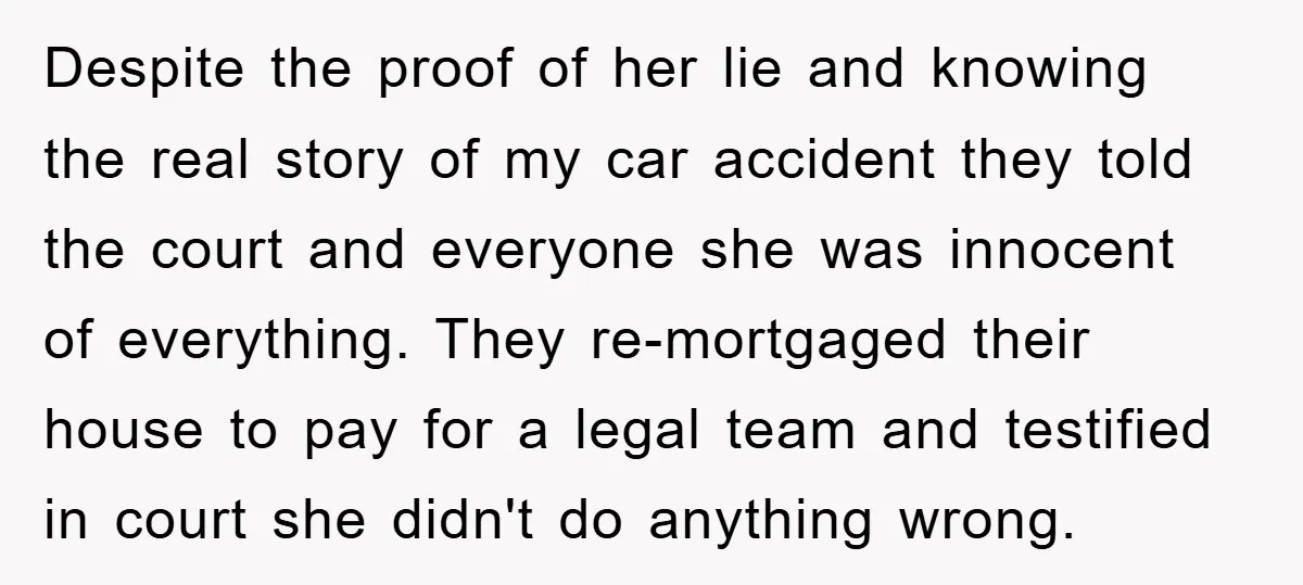 Despite the proof of her lie and knowing the real story of my car accident they told the court and everyone she was innocent of everything. They re-mortgaged their house...