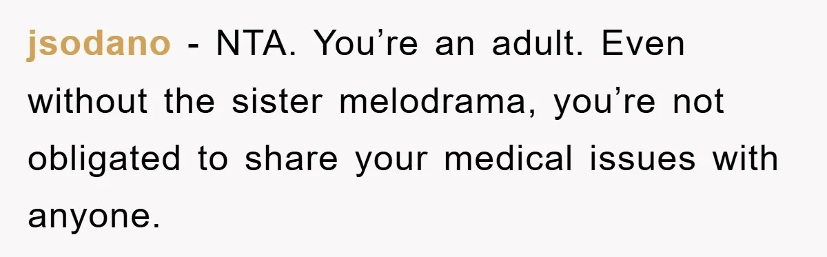 jsodano − NTA. You’re an adult. Even without the sister melodrama, you’re not obligated to share your medical issues with anyone.
