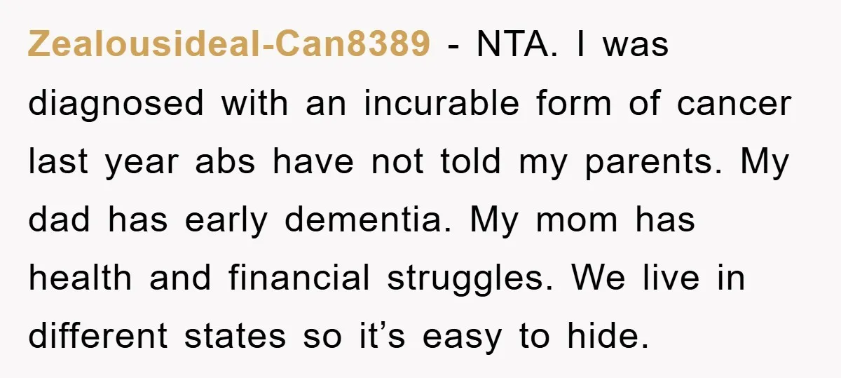 Zealousideal-Can8389 − NTA. I was diagnosed with an incurable form of cancer last year abs have not told my parents. My dad has early dementia. My mom has health and...