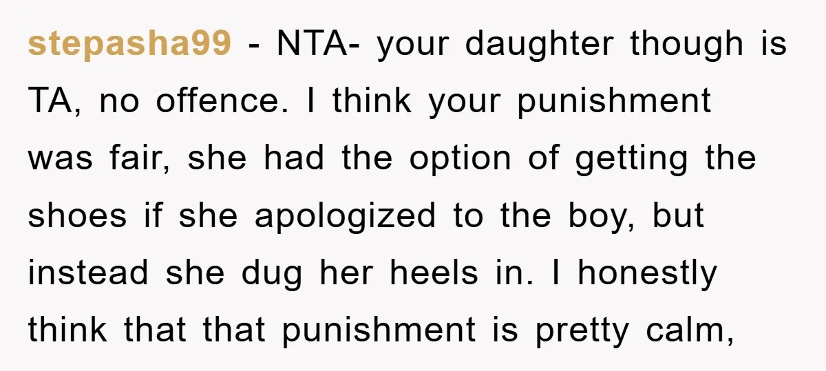 stepasha99 − NTA- your daughter though is TA, no offence. I think your punishment was fair, she had the option of getting the shoes if she apologized to the boy,...