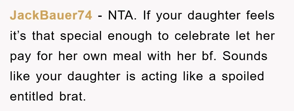 JackBauer74 − NTA. If your daughter feels it’s that special enough to celebrate let her pay for her own meal with her bf. Sounds like your daughter is acting like...